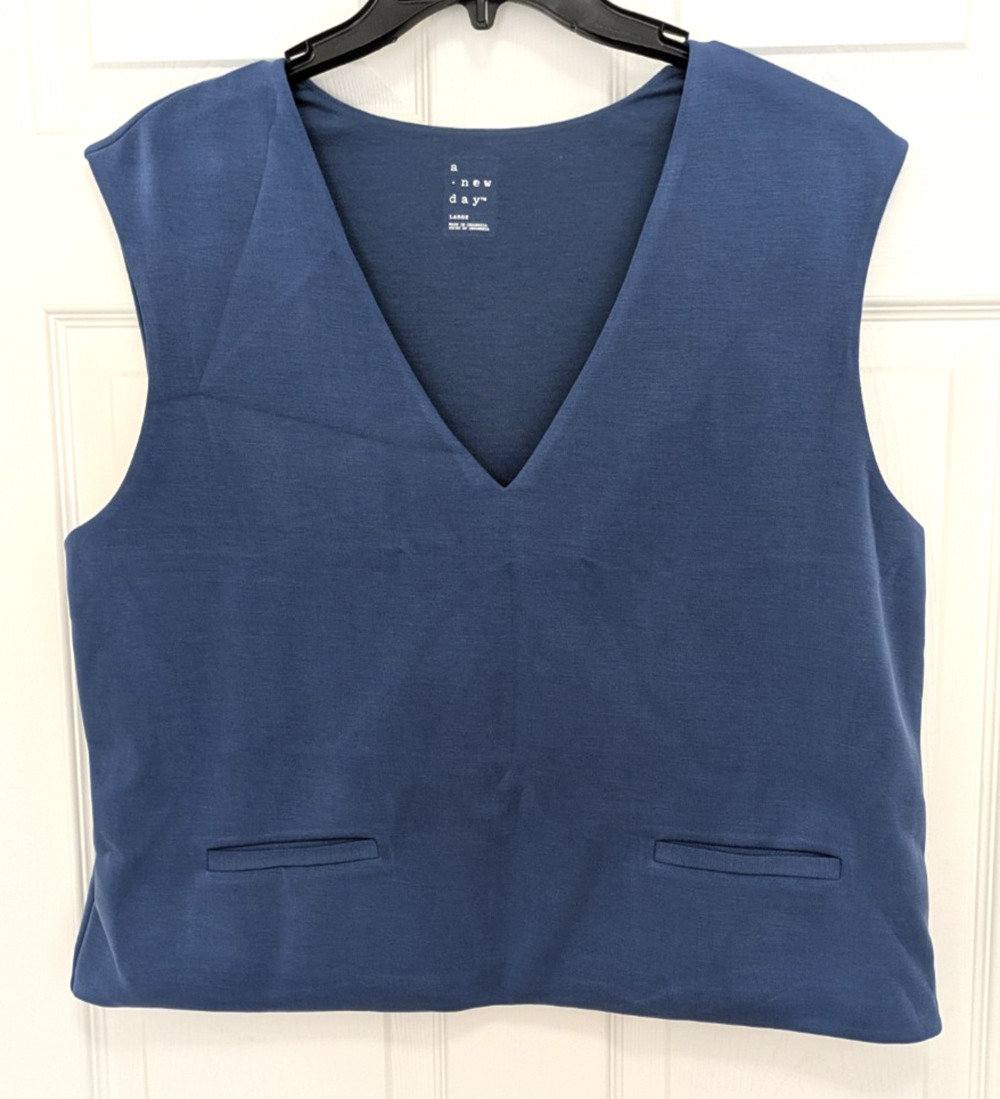 Women's Sandwash Vest Blue Large V Neck Lined Business Casual Preppy Academia